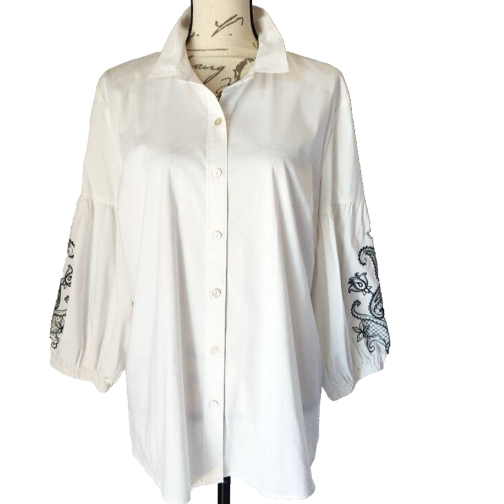 J Jill Blouse Women’s Large White & Black Paisley Bohemian Career Button Down - Picture 2 of 13